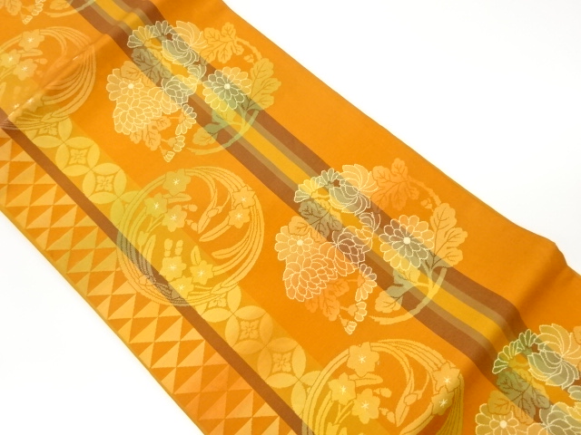 リサイクル　縞に花輪・古典柄模様織出し名古屋帯